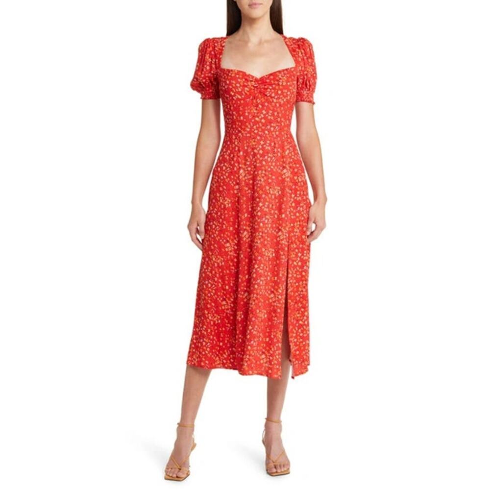 Reformation Lacey Dress Baila Red Floral Puff Sleeve Sweetheart Neckline SZ 12